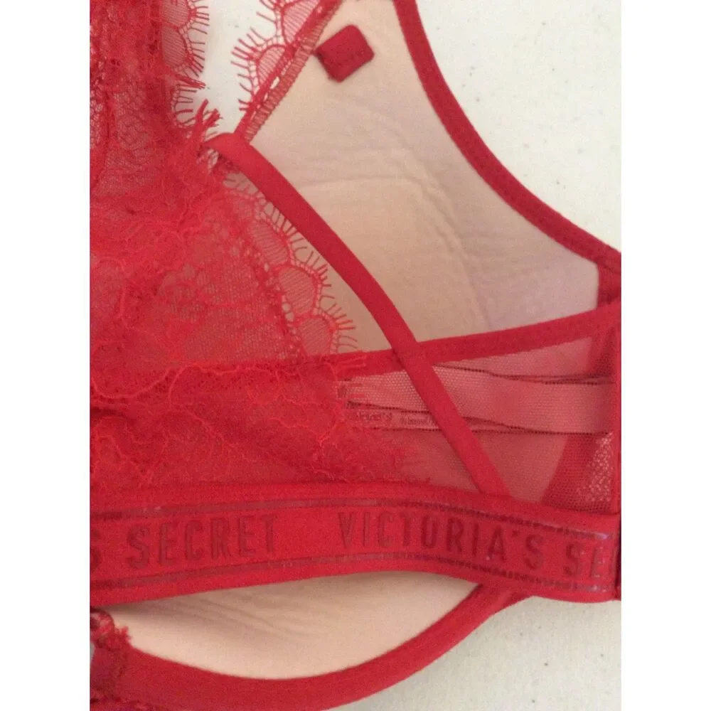 Victoria's Secret Very Sexy Plunge Lacey Red Bra 32D Cross Back Adjustable VNC